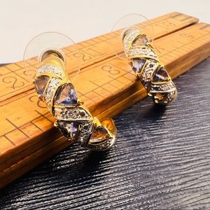 Vintage gold tone blue rhinestone jewel hoop earrings pierced